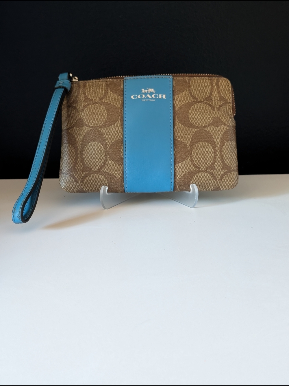 Coach Brown Signature Canvas Wallet with Blue Leather Trim